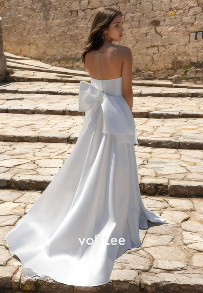 Sexy Strapless A-Line High Split Draped Court Train Bow Satin Wedding Bride Dress