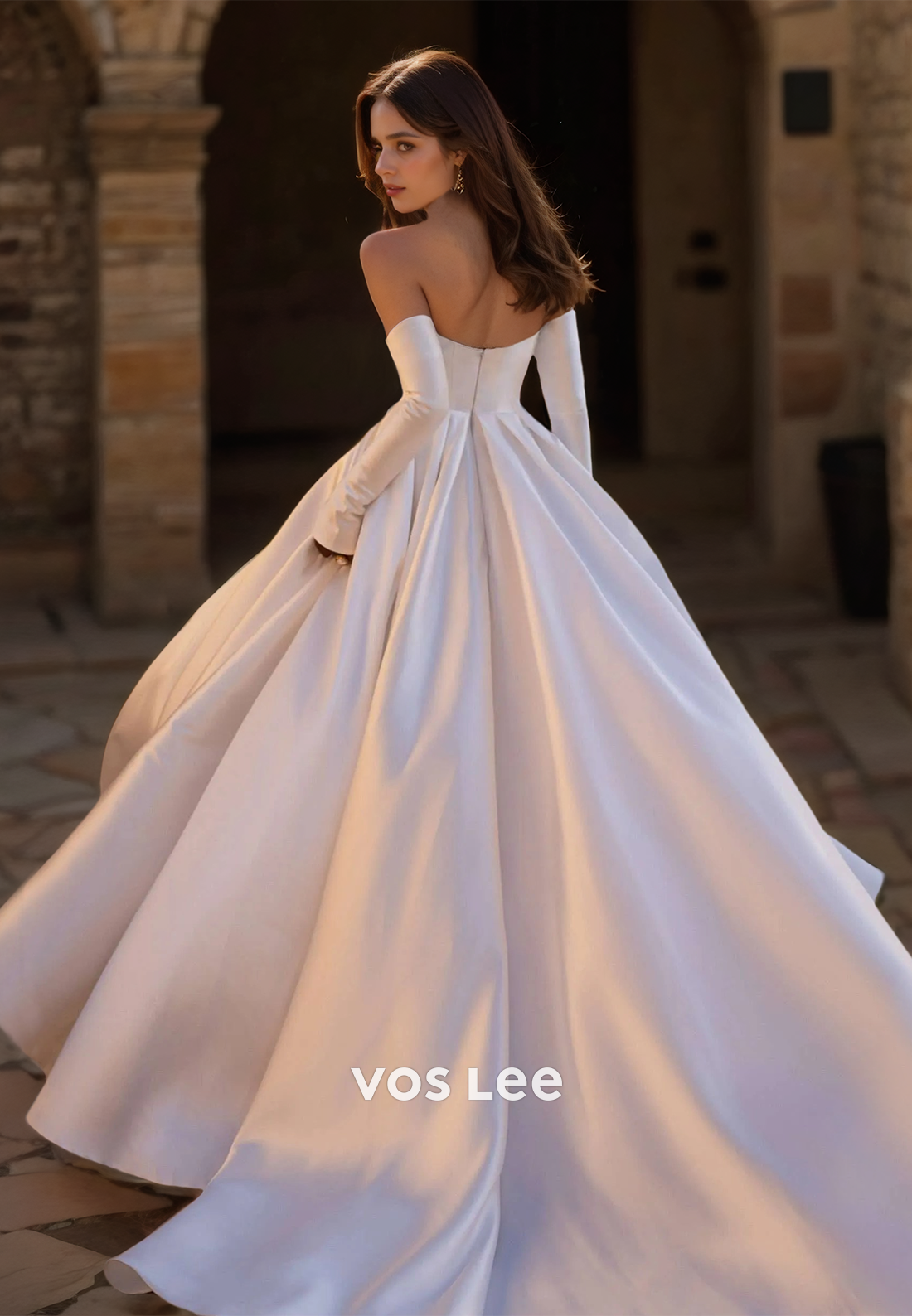 Elegant A-Line Long Sleeves Strapless High Split Ruched Satin Wedding Gown