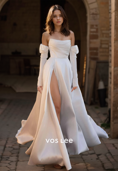 Elegant A-Line Long Sleeves Strapless High Split Ruched Satin Wedding Gown