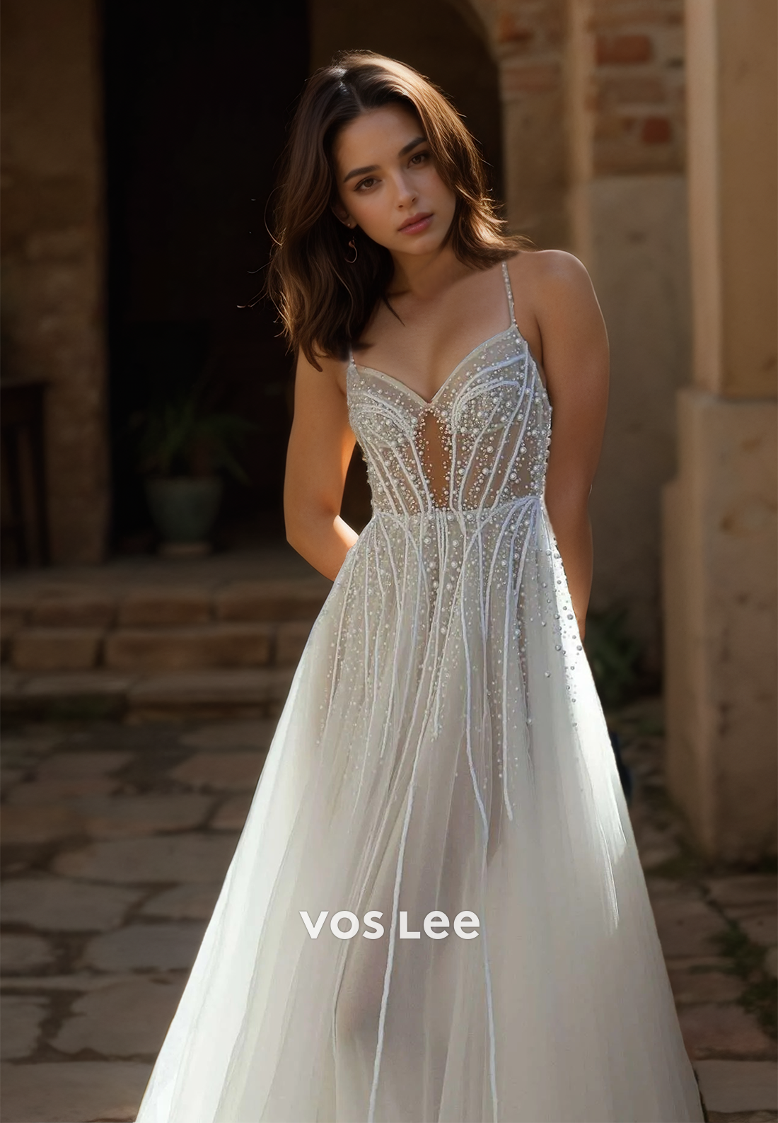 Gorgeous V Neck Spaghetti Straps A-Line Pleated Beaded Sequins Tulle Wedding Dress