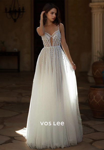 Gorgeous V Neck Spaghetti Straps A-Line Pleated Beaded Sequins Tulle Wedding Dress