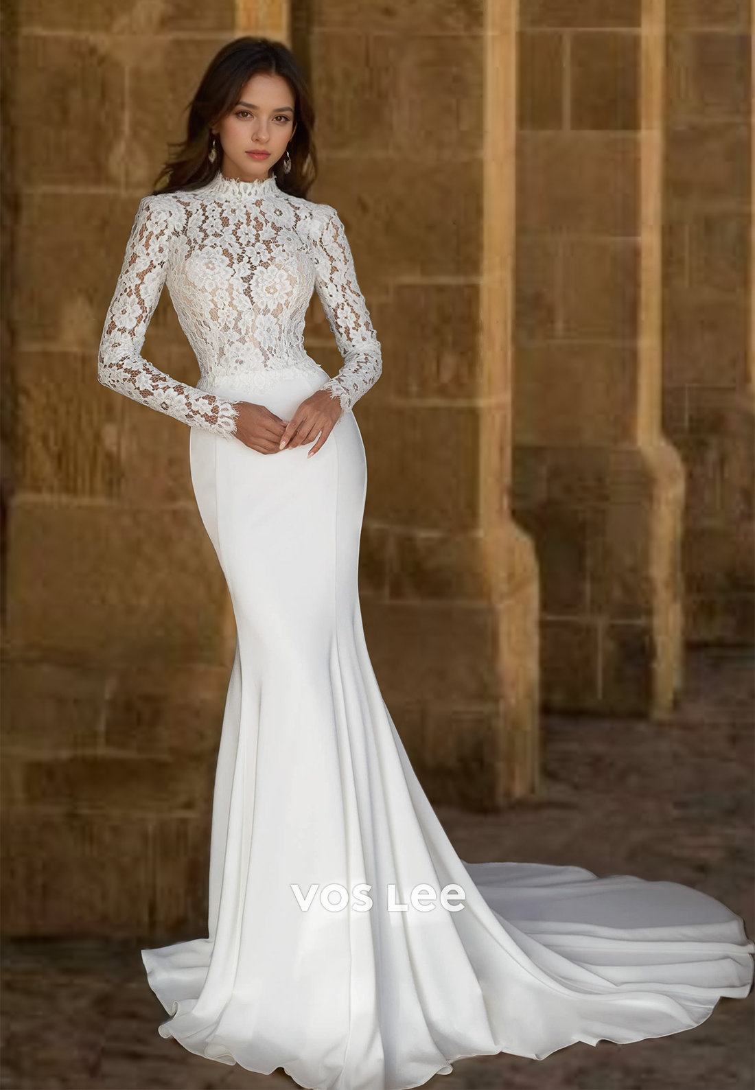 Charming Sheath High Neck Long Sleeves Backless Lace Appliques Wedding Dress