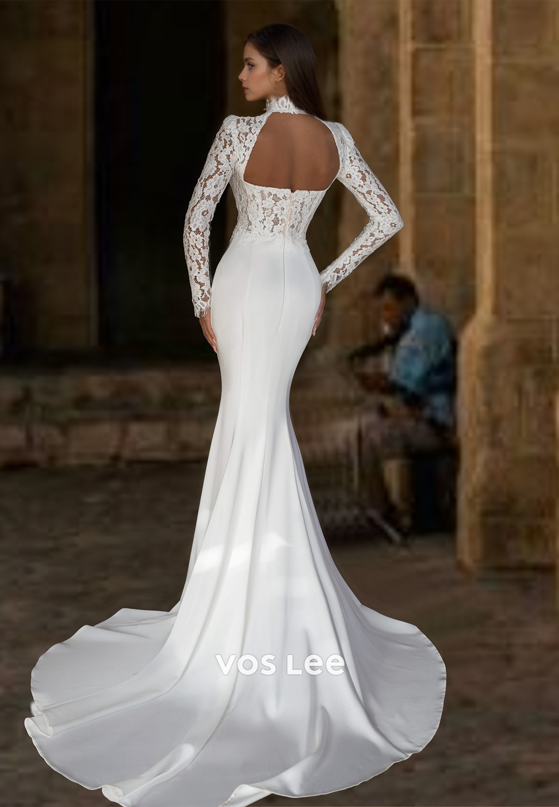 Charming Sheath High Neck Long Sleeves Backless Lace Appliques Wedding Dress