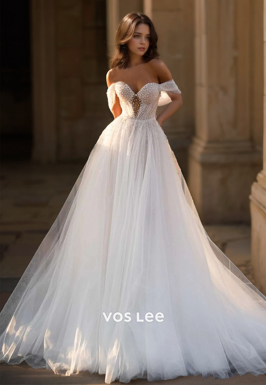 Graceful A-Line Off Shoulder Backless Beaded Pleated Tulle Wedding Bride Dress