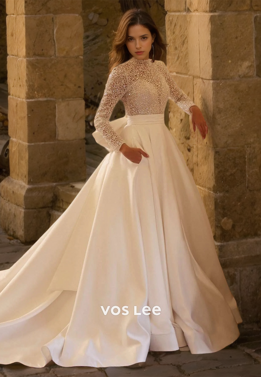 Sparkly A-Line High Neck Backless Long Sleeves Sequins Pleated Wedding Gown