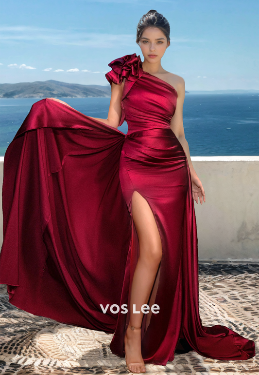 Classy One Shoulder Sheath Sleeveless Draped Sweep Train Red Satin Prom Evening Dress