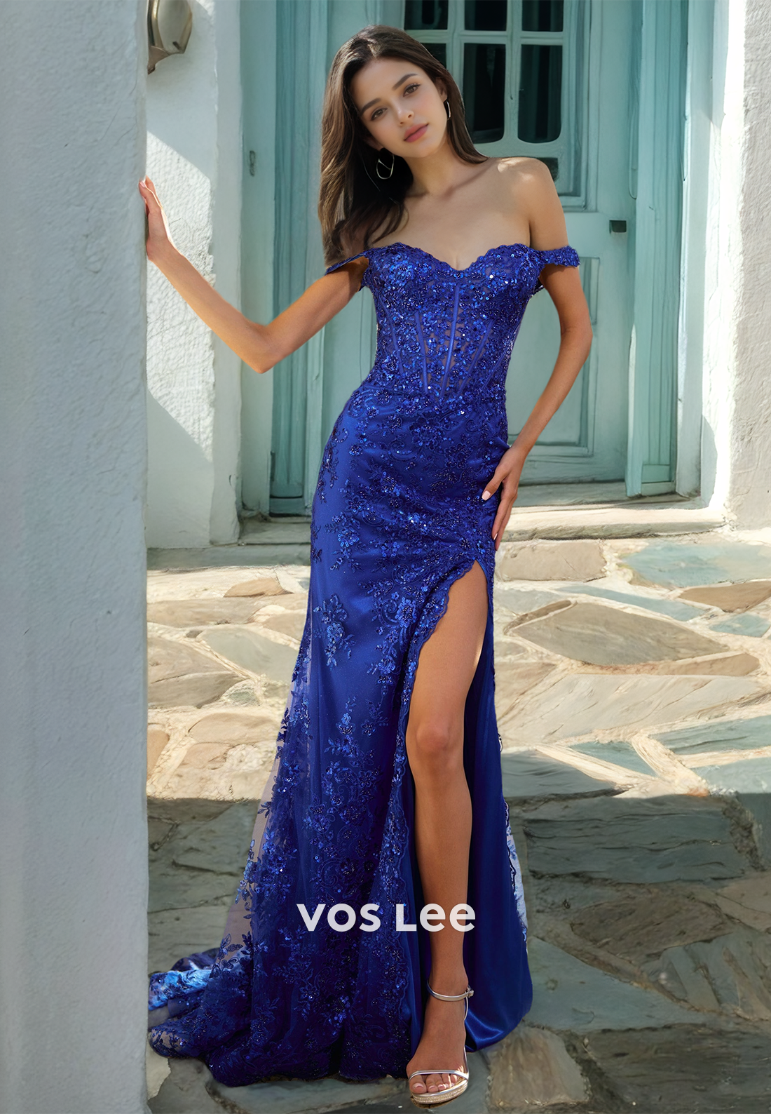 Royal Blue Off Shoulder Sheath High Split Sweep Train Sequins Sparkly Prom Birthday Dress