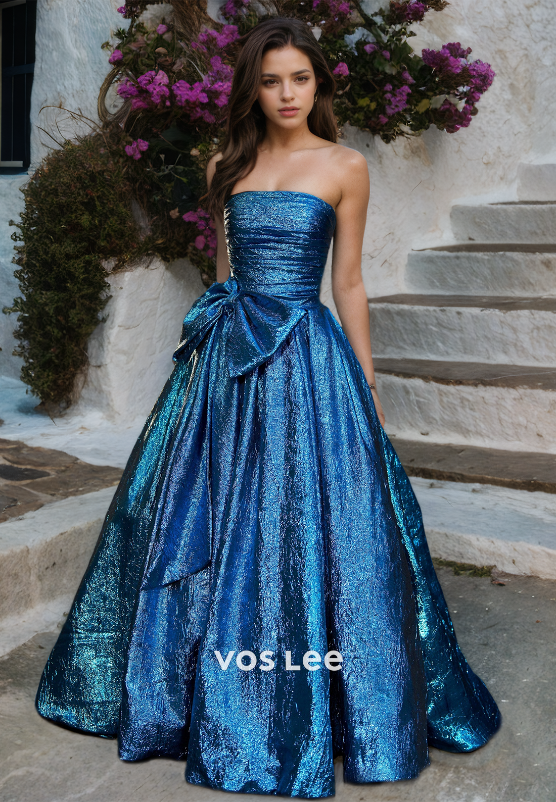 Sparkly A-Line Strapless Back Zipper Pleated Blue Bow Sequins Prom Graduation Dress