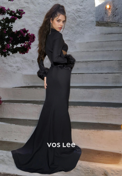 Unique Sheath Black Halter Long Sleeves Sweep Train Side Split Satin Prom Formal Dress