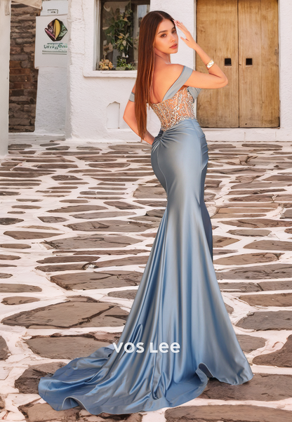 Elegant Off Shoulder Sheath Back Zipper Beaded Draped Satin Prom Evening Dress