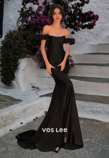 Modest Off Shoulder Sheath Backless Draped Sleeveless Sweep Train Prom Formal Dress