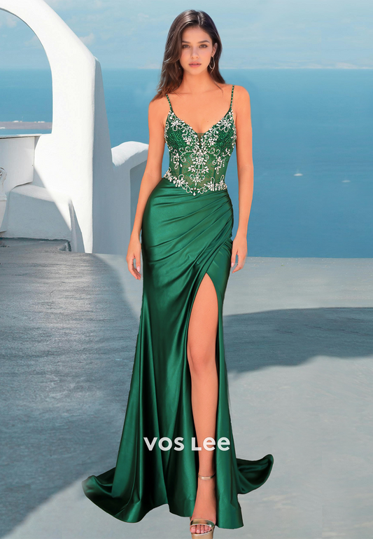 Graceful Column V Neck Beaded Back Zipper Sweep Train Satin Prom Evening Dress with Split