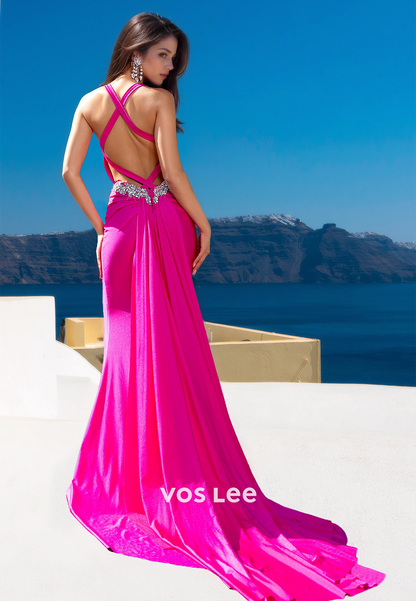 Charming V Neck Fuchsia Column Lace Up Sweep Train Draped Satin Prom Formal Dress