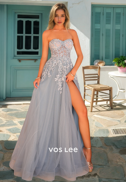 A-Line Sweetheart Sleeveless Lace Appliques Pleated Tulle Prom Graduation Dress with Split