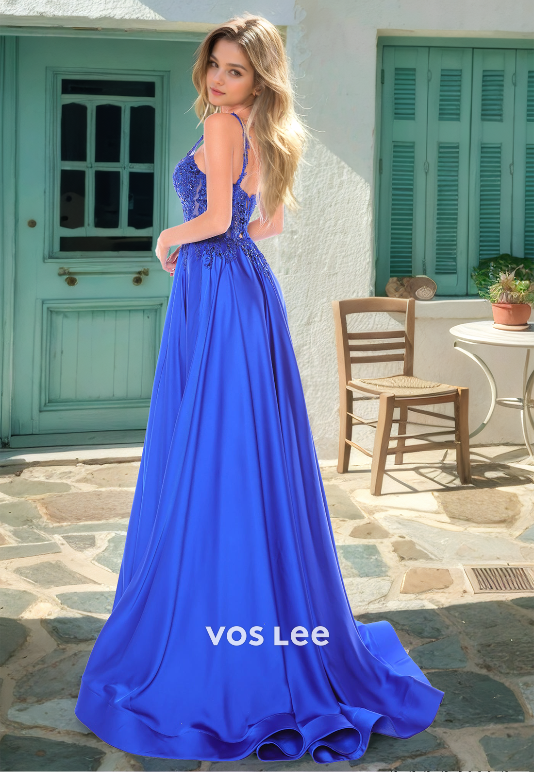 Royal Blue V Neck Sleeveless Lace Appliques A-Line Side Split Satin Prom Party Dress