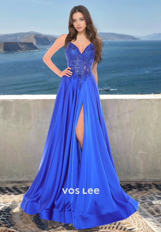 Royal Blue V Neck Sleeveless Lace Appliques A-Line Side Split Satin Prom Party Dress