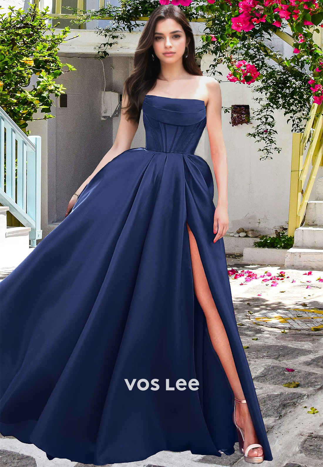 Elegant A-Line Strapless High Split Sweep Train Pleated Satin Prom Formal Dress