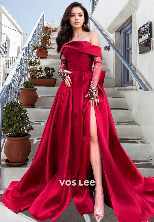 Graceful A-Line Red Off Shoulder Half Sleeves Sequins Pleated Prom Party Dress