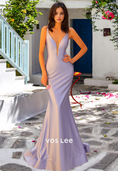 Sexy Column V Neck Lace Up Draped Sweep Train Satin Prom Evening Dress VOS LEE Sexy Column V Neck Lace Up Draped Sweep Train Satin Prom Evening Dress VOS LEE
