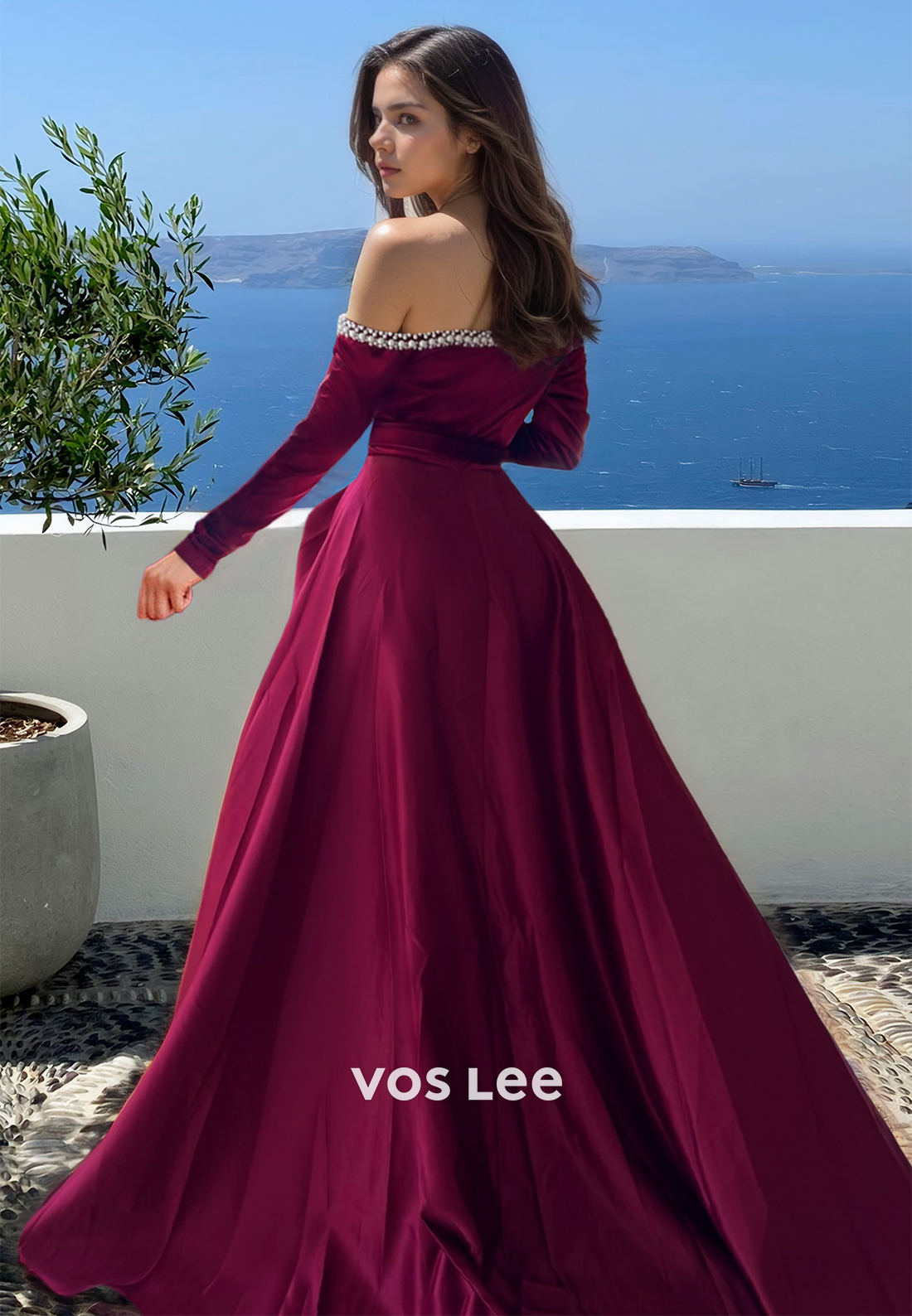 Charming A-Line Off Shoulder Long Sleeves Side Split Satin Sequins Prom Evening Dress