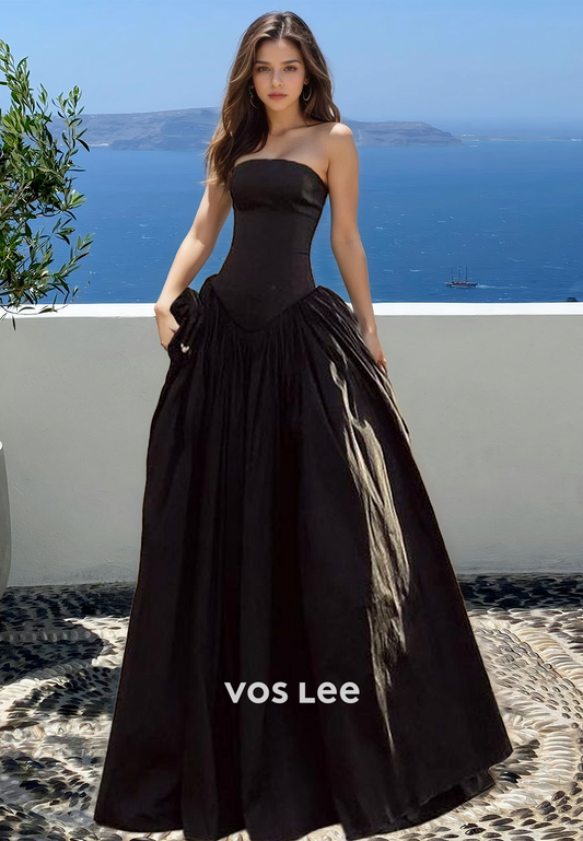 Black A-Line Strapless Sleeveless Back Zipper Draped Satin Prom Holiday Dress