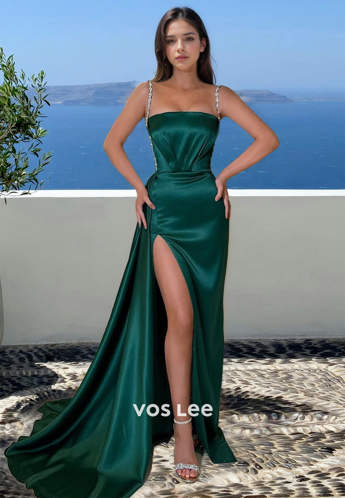 Dark Green Spaghetti Straps Square Neck Sweep Train Sequins Prom Party Dress