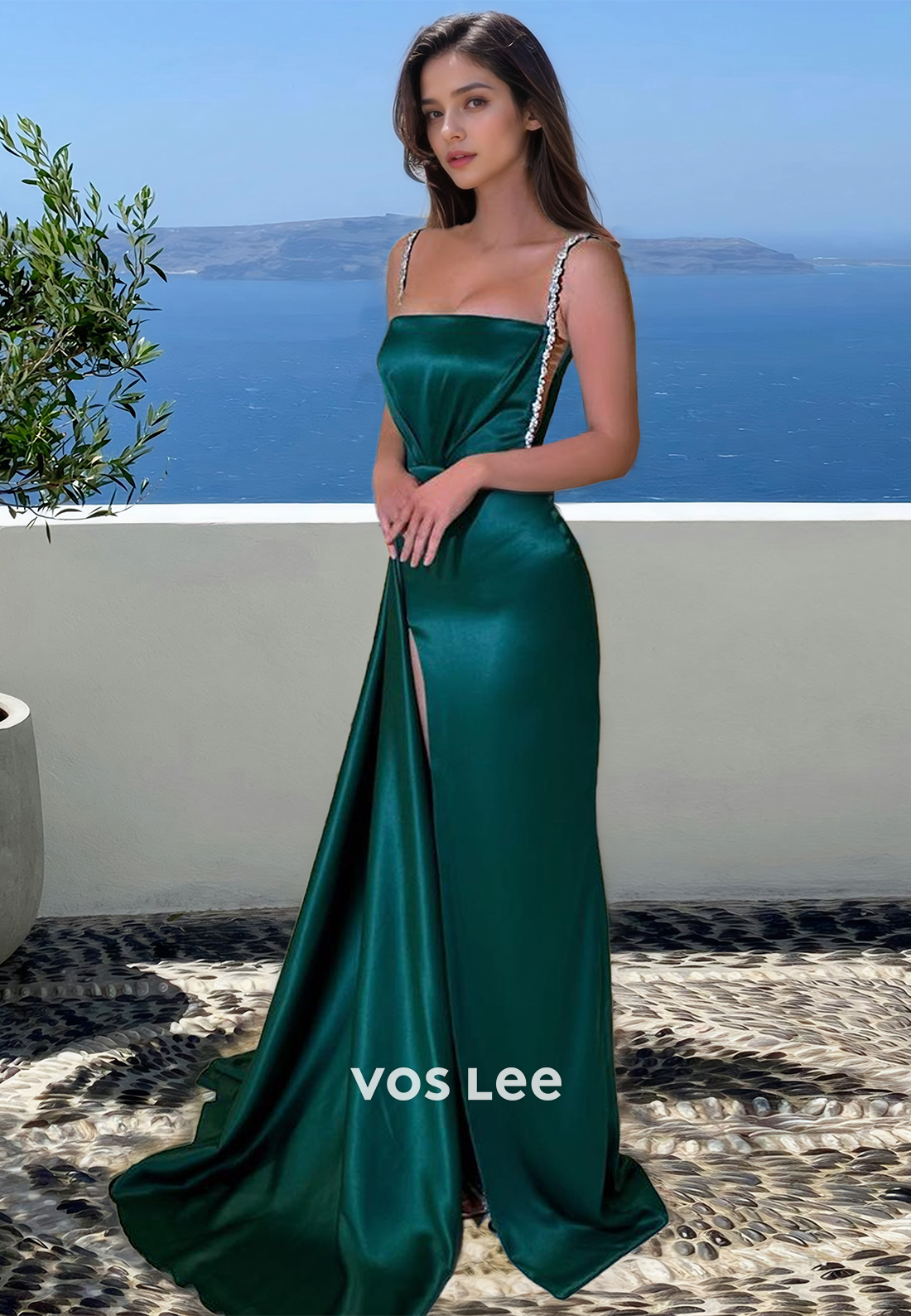 Dark Green Spaghetti Straps Square Neck Sweep Train Sequins Prom Party Dress