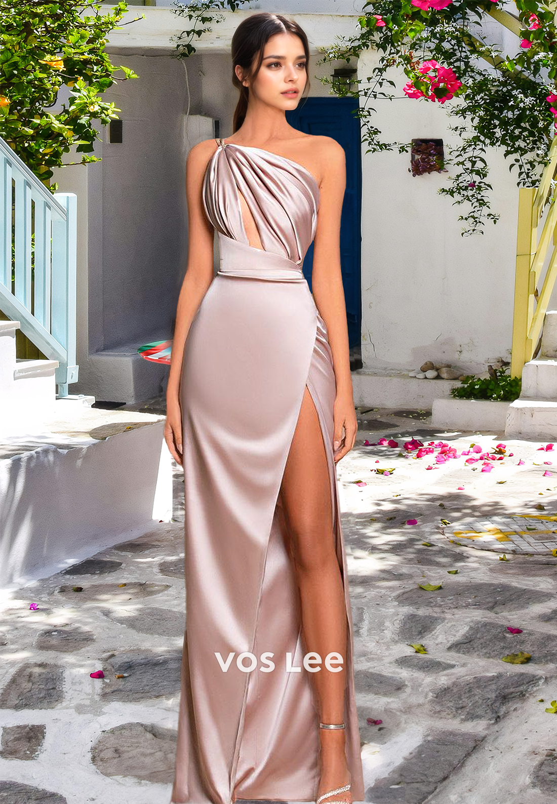 Elegant One Shoulder Back Zipper Draped High Split Satin Prom Formal Dress