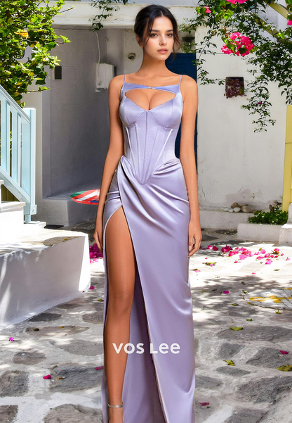 Sexy V Neck Spaghetti Straps Column Draped Sweep Train Satin Prom Pageant Dress