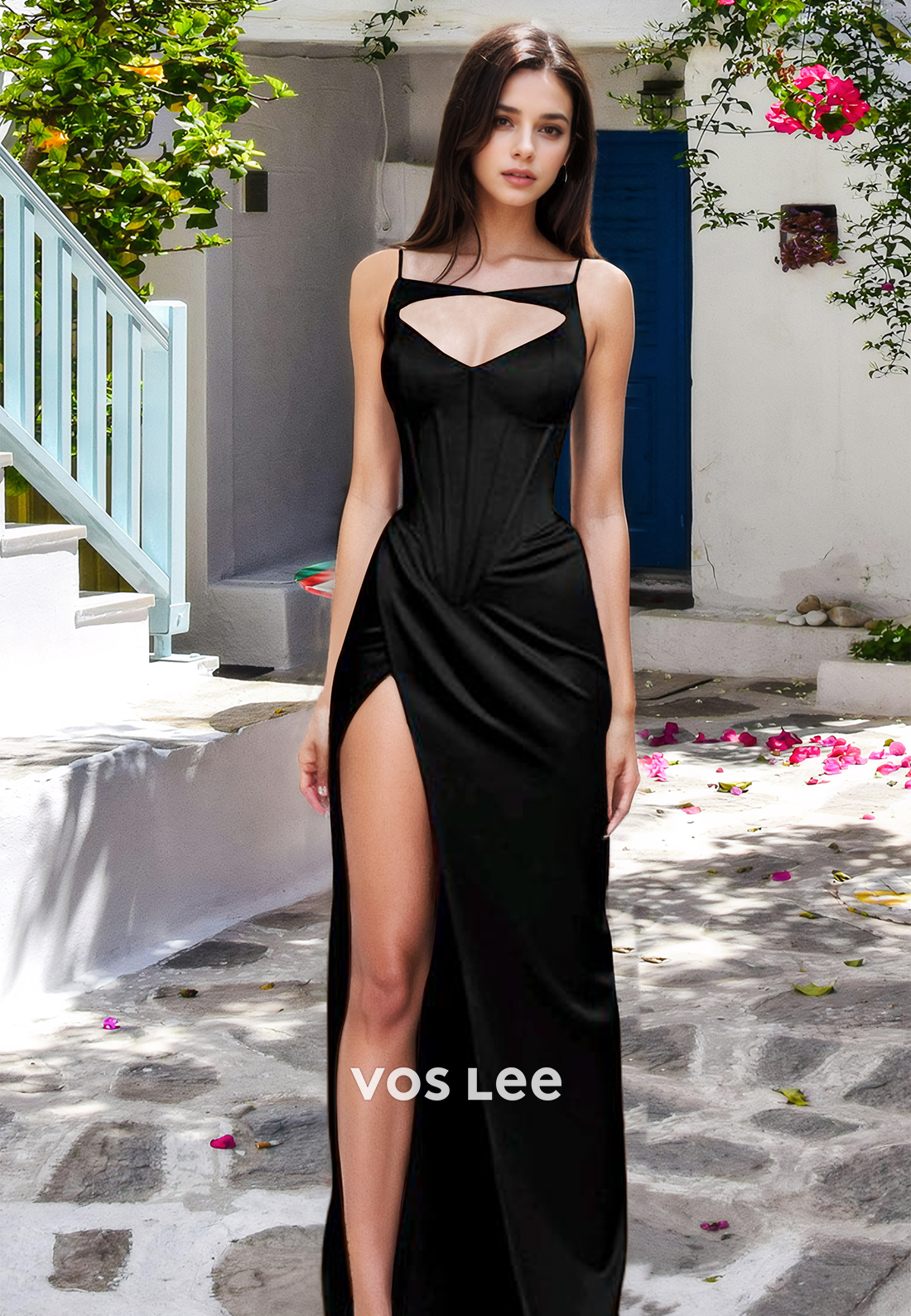 Sexy V Neck Spaghetti Straps Column Draped Sweep Train Satin Prom Pageant Dress