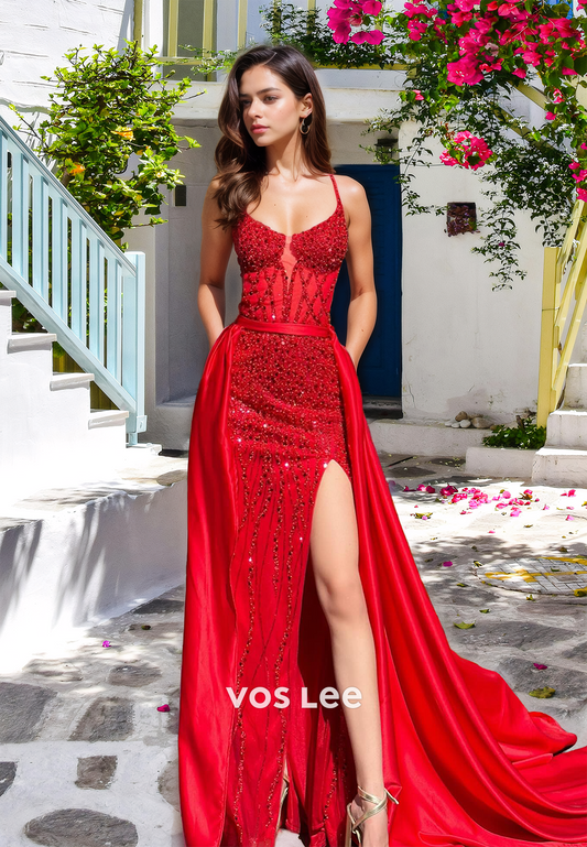 Sparkly Column V Neck Spaghetti Straps Red Sequins Side Split Prom Pageant Dress