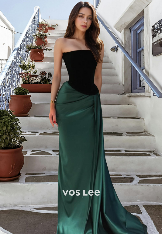 Simple Sheath Dark Green Strapless Draped Sweep Train Satin Prom Formal Dress