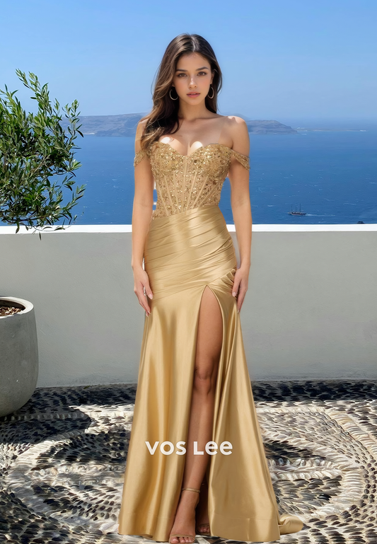 Luxury Column Off Shoulder Backless High Split Ruched Sequins Prom Formal Dress