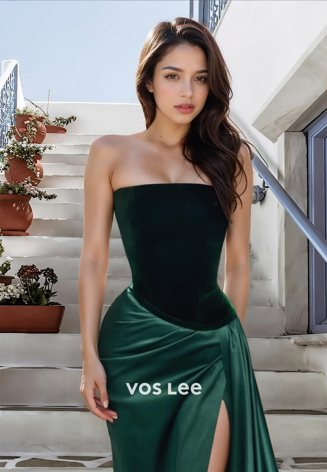 Simple Sheath Dark Green Strapless Draped Sweep Train Satin Prom Formal Dress