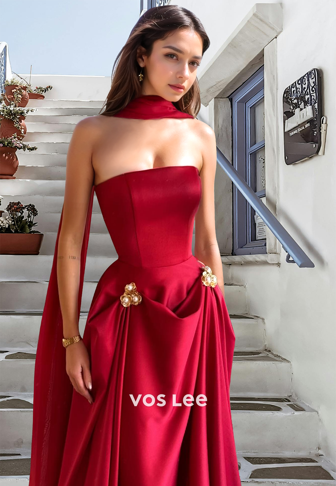 Modest A-Line Red Strapless Pleated Floral Embossed Satin Prom Birthda VOS LEE Modest A-Line Red Strapless Pleated Floral Embossed Satin Prom Birthda VOS LEE