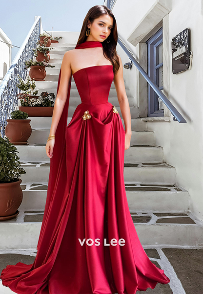 Modest A-Line Red Strapless Pleated Floral Embossed Satin Prom Birthday Dress