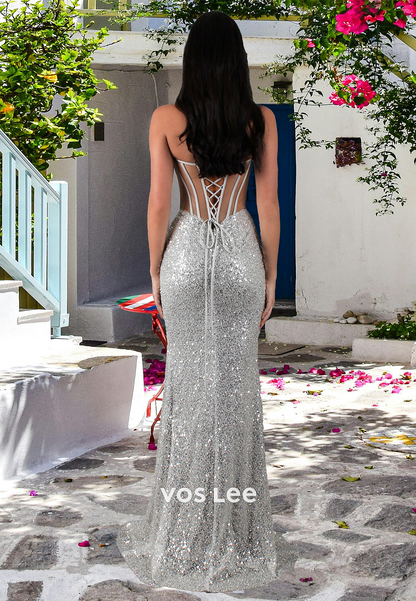 Sparkly V Neck Illusion Lace Up Sweep Train Sequins High Split Prom Holiday Dress