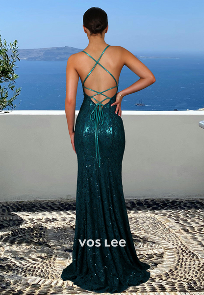 Graceful V Neck Lace Up Appliques Sweep Train Sequins Prom Formal Dress