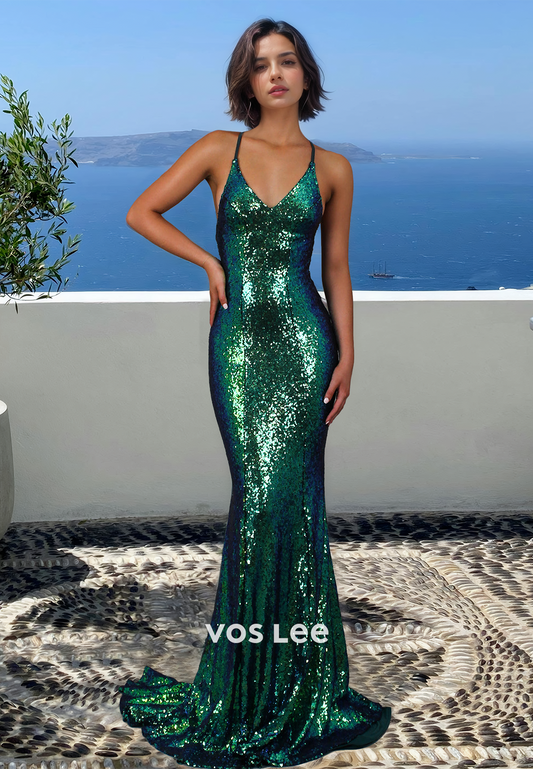 Gorgeous Halter Lace Up Sheath Mermaid Sequins Draped Prom Evening Dress