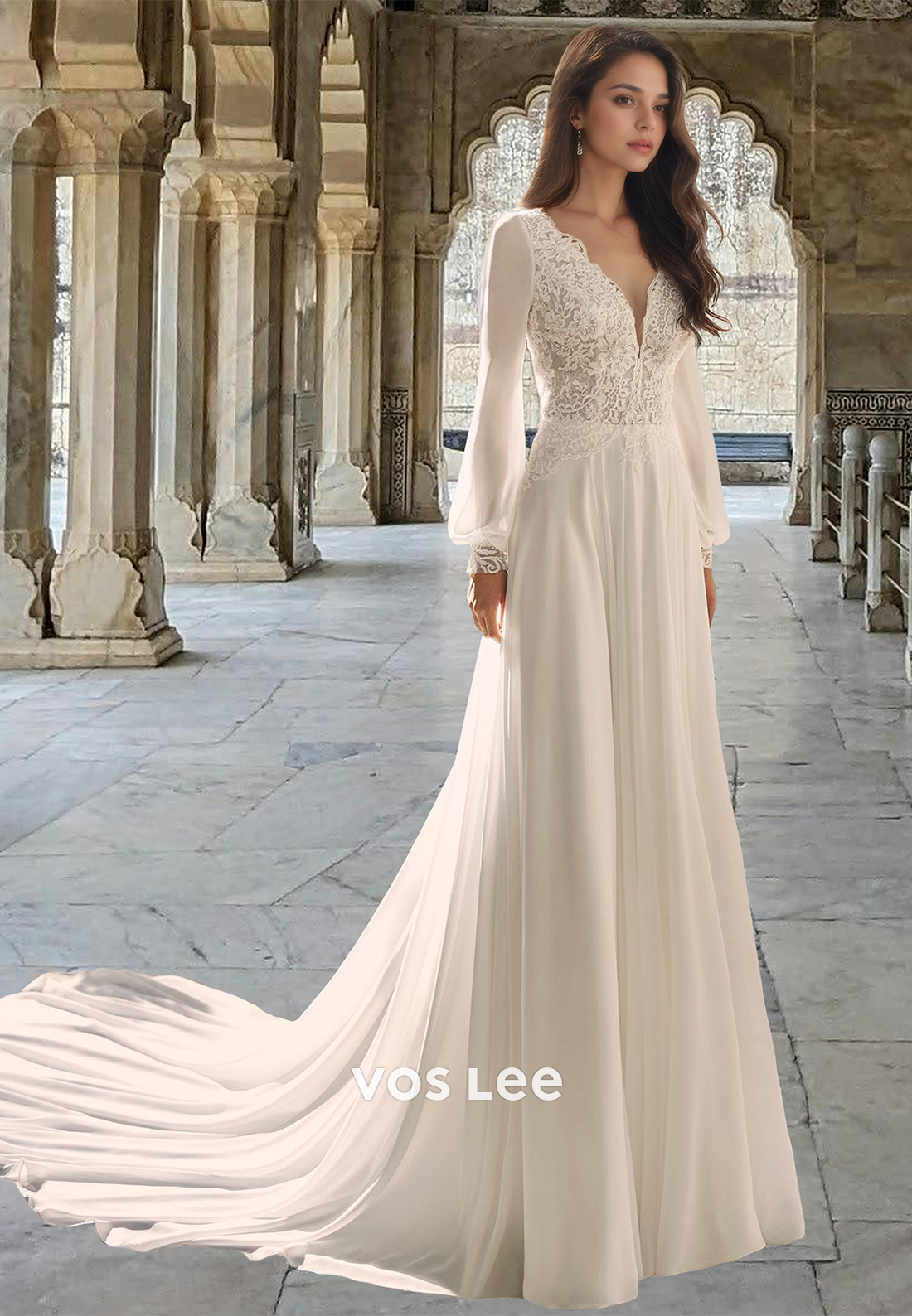 Graceful A-Line V Neck Long Sleeves Lace Appliques Pleated Wedding Dress