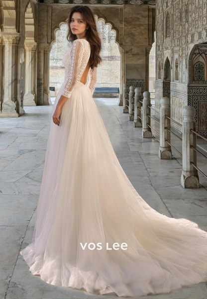 Gorgeous Plunging V Neck Long Sleeveless A-Line Draped Tulle Wedding Gown