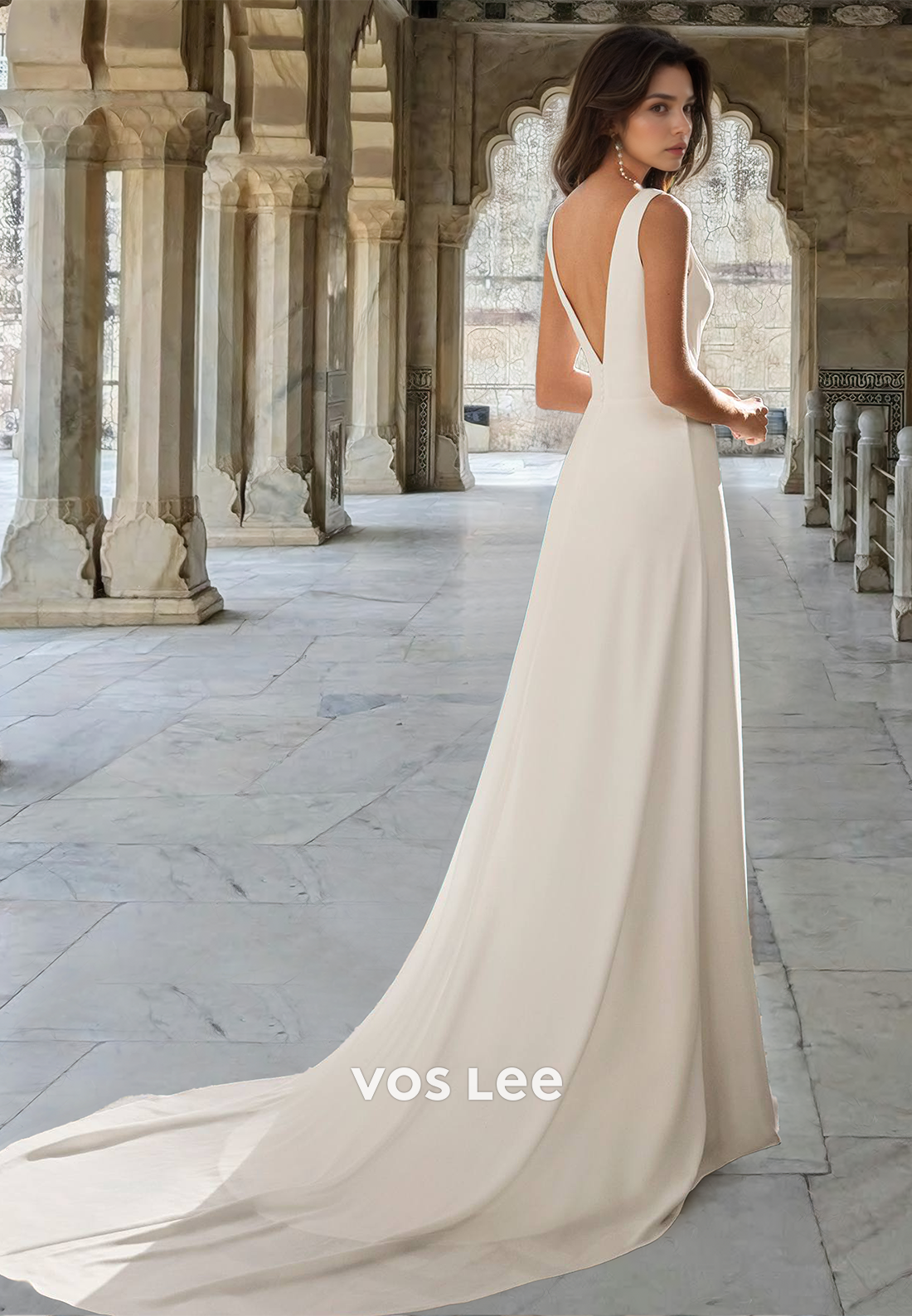 Sexy V Neck Sleeveless A-Line Side Split Backless Ruched Satin Wedding Dress