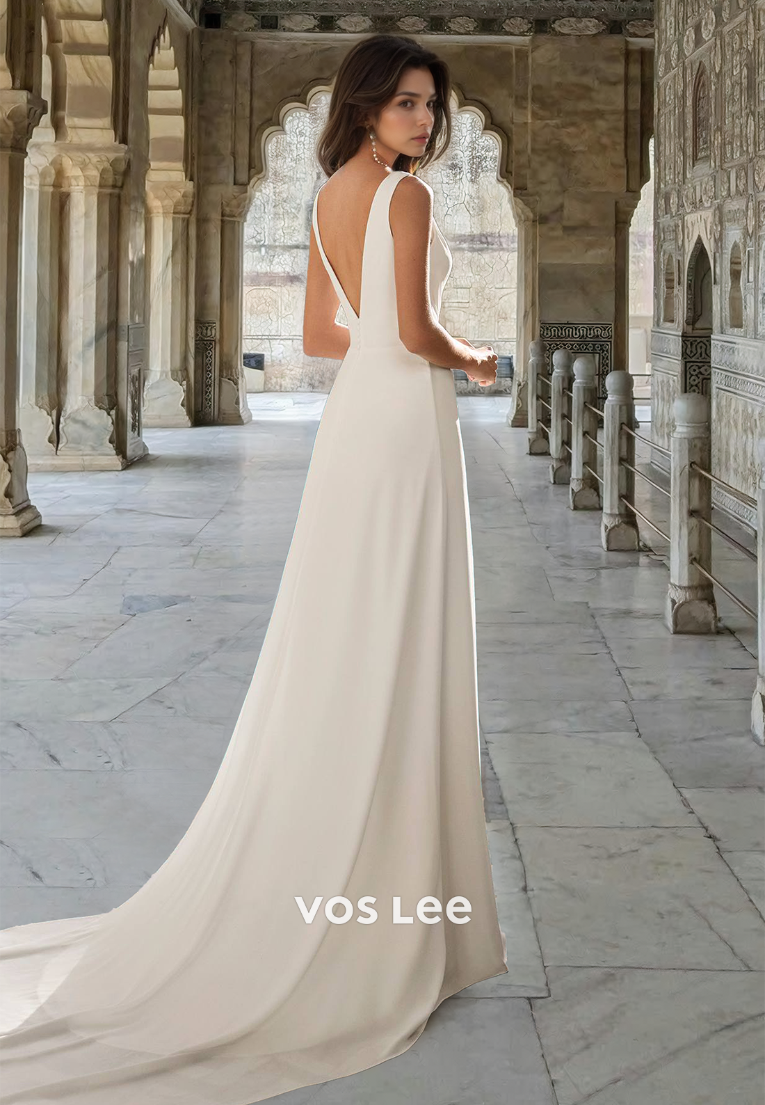 Simple Column Side Split V Neck Backless Draped Satin Court Train Wedding Dress