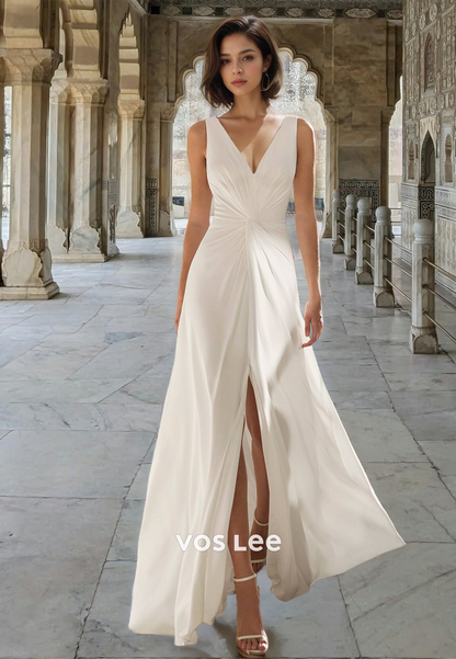 Sexy V Neck Sleeveless A-Line Side Split Backless Ruched Satin Wedding Dress