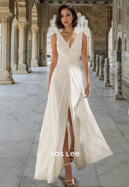 Simple Column Side Split V Neck Backless Draped Satin Court Train Wedding Dress