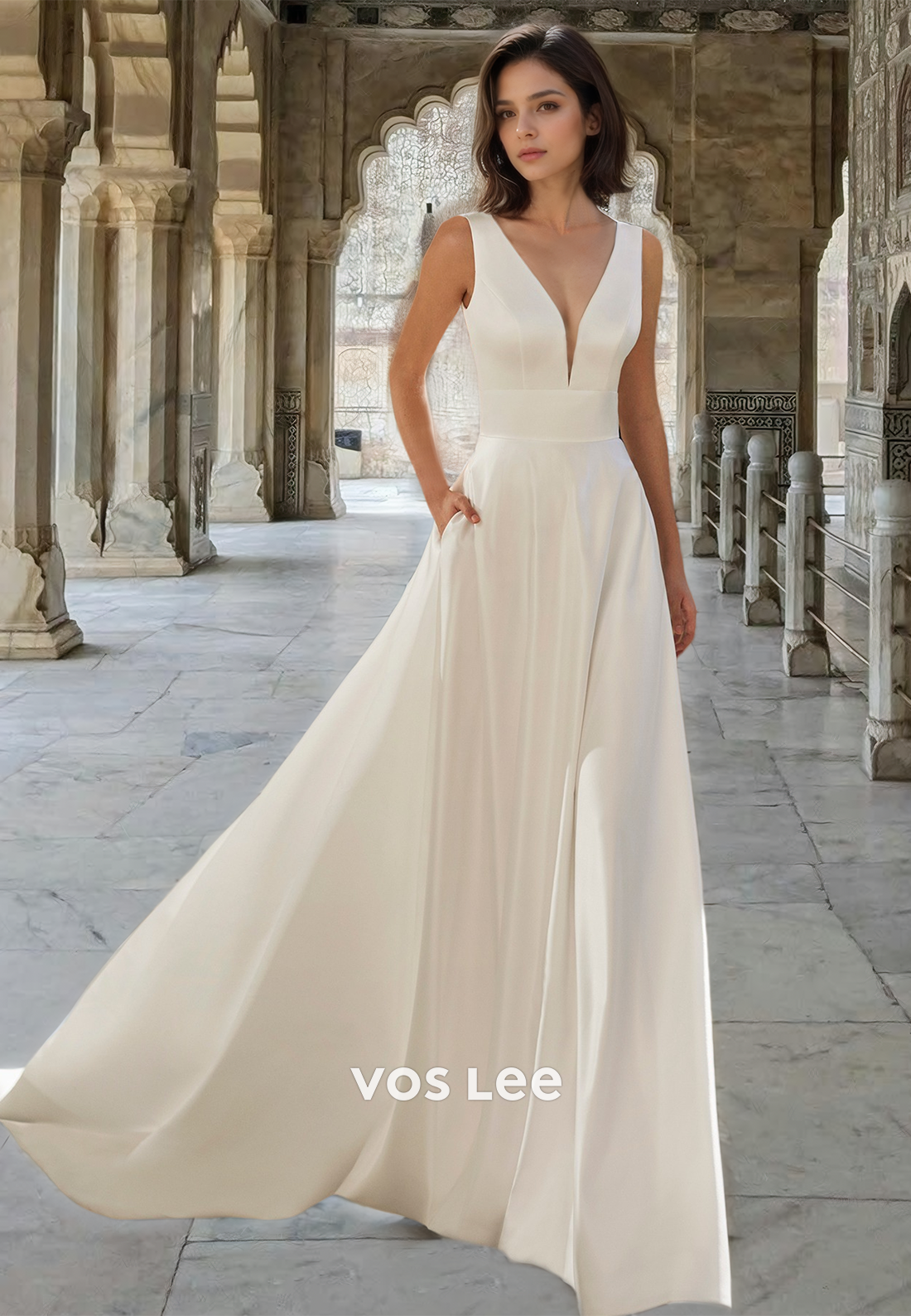 Modest A-Line V Neck Lace Up Sleeveless Court Train Satin Wedding Dres VOS LEE Modest A-Line V Neck Lace Up Sleeveless Court Train Satin Wedding Dres VOS LEE