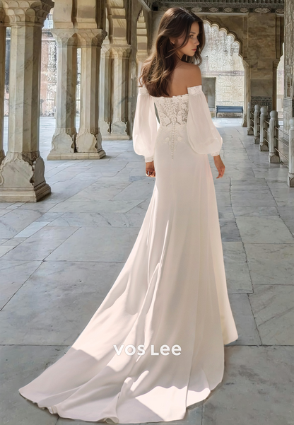 Elegant Column Sweetheart Lace Appliques Court Train Satin Wedding Bride Dress