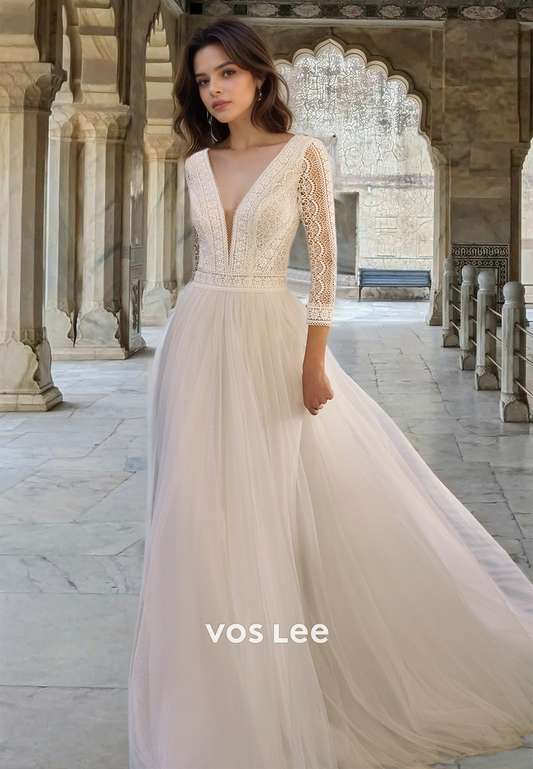 Gorgeous Plunging V Neck Long Sleeveless A-Line Draped Tulle Wedding Gown