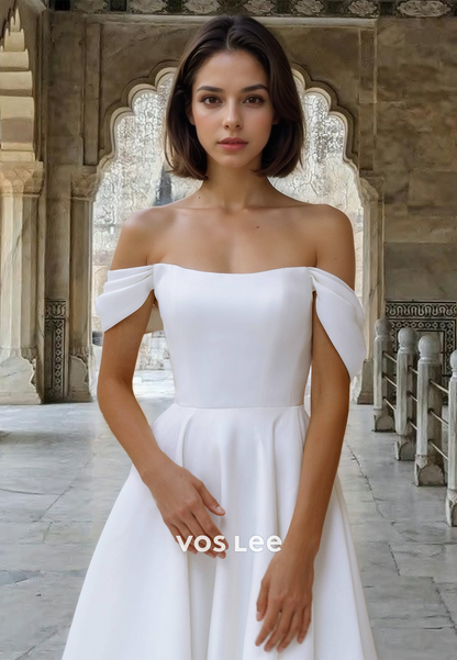 A-Line Off Shoulder Knee Length Sleeveless Satin Wedding Guest Dress