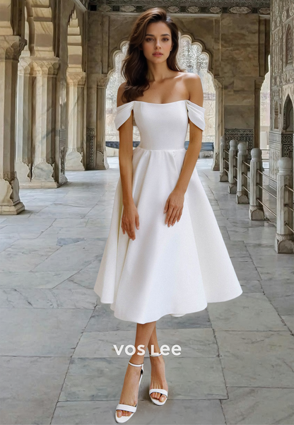 A-Line Off Shoulder Knee Length Sleeveless Satin Wedding Guest Dress